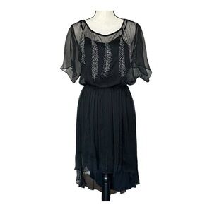 TART Womens Asymmetric Silk Dress Black Beaded Short Sleeve Knee Length S NEW